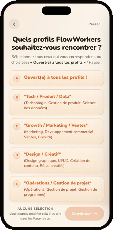 Écran de l'app FlowWorkers : sélection des profils à rencontrer.
