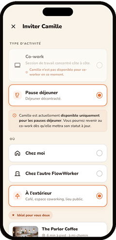 Écran de l'app FlowWorkers : invitation à coworker ou déjeuner.