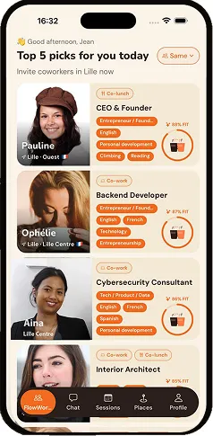 Écran de l'app FlowWorkers : top 5 picks de FlowWorkers compatibles.